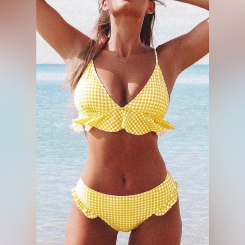 Cupshe yellow gingham ruffle bikini Medium NWT